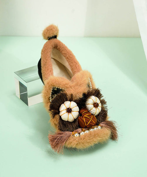 Comfortable Splicing Flat Shoes Green Cotton Fabric Fuzzy Wool Lined TQ040 ABC