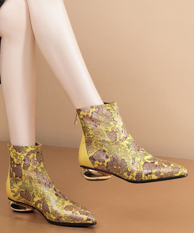 Comfortable Yellow Print Splicing Genuine Leather Chunky Ankle Boots RT1067 Ada Fashion