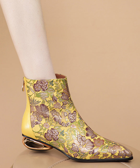 Comfortable Yellow Print Splicing Genuine Leather Chunky Ankle Boots RT1067 Ada Fashion