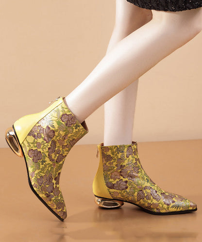 Comfortable Yellow Print Splicing Genuine Leather Chunky Ankle Boots RT1067 Ada Fashion