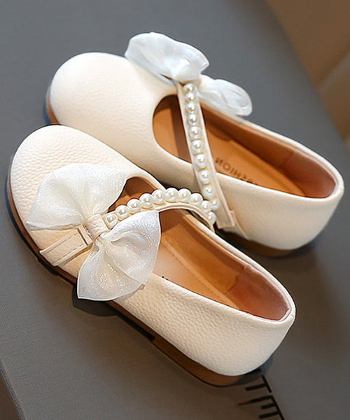 Comfy Beige Kids Leather Buckle Flats Nail Bead Girls Bow Faux FashionChic