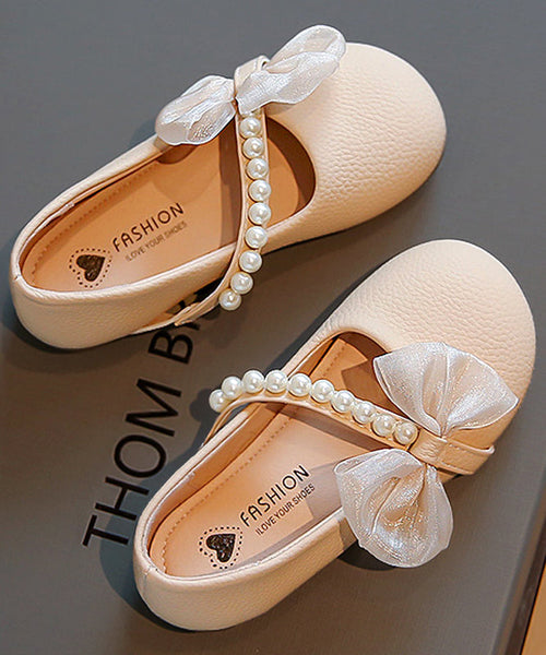 Comfy Beige Kids Leather Buckle Flats Nail Bead Girls Bow Faux FashionChic