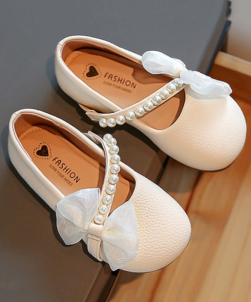 Comfy Beige Kids Leather Buckle Flats Nail Bead Girls Bow Faux FashionChic
