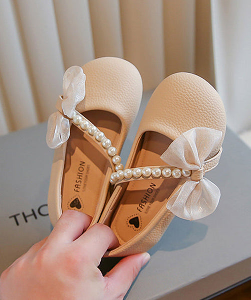 Comfy Beige Kids Leather Buckle Flats Nail Bead Girls Bow Faux FashionChic