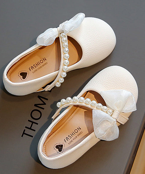 Comfy Beige Kids Leather Buckle Flats Nail Bead Girls Bow Faux FashionChic