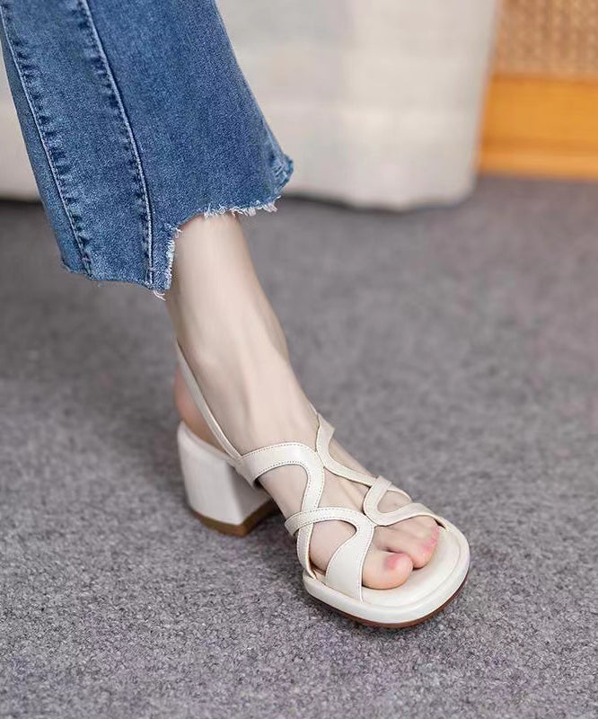 Comfy Chunky Heel Sandals Beige Genuine Leather Hollow Out Peep Toe XC1018 Ada Fashion