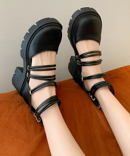 Comfy Chunky Heel Sandals Black Hollow Out Faux Leather RT1013 Ada Fashion