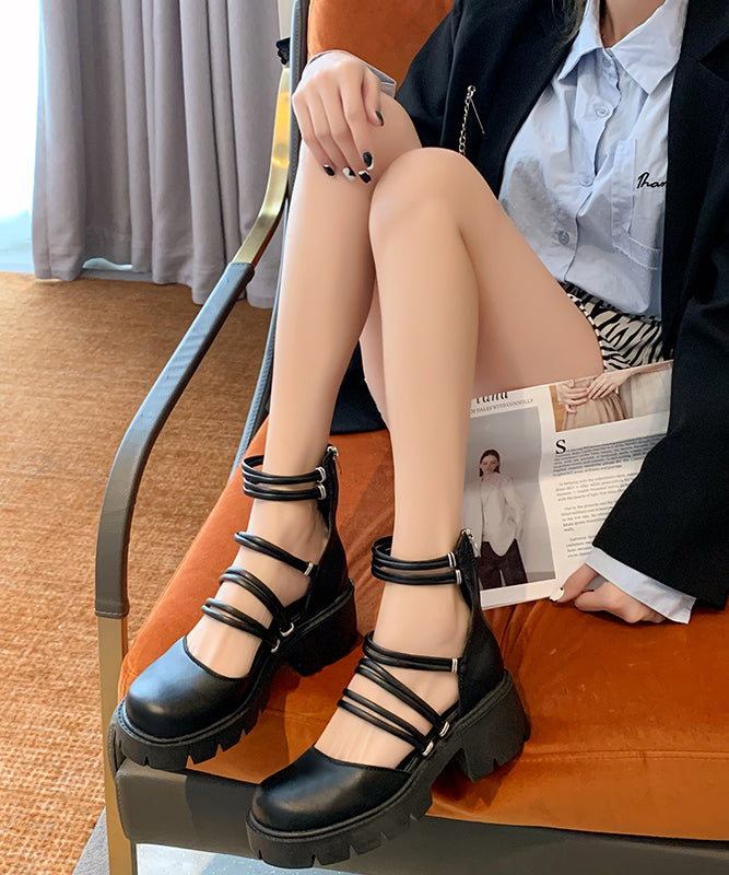 Comfy Chunky Heel Sandals Black Hollow Out Faux Leather RT1013 Ada Fashion