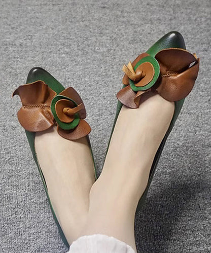 Comfy Green Cowhide Leather Pointed Toe Women Splicing Flat Shoes CZ1045 Ada Fashion