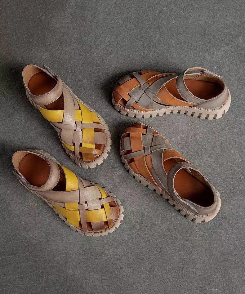 Comfy Hollow Out Splicing Platform Sandals Yellow Cowhide Leather DD1050 Shoe-LX240605