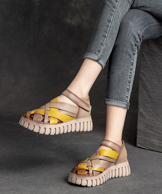 Comfy Hollow Out Splicing Platform Sandals Yellow Cowhide Leather DD1050 Shoe-LX240605