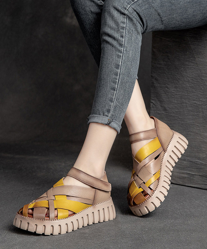 Comfy Hollow Out Splicing Platform Sandals Yellow Cowhide Leather DD1050 Shoe-LX240605