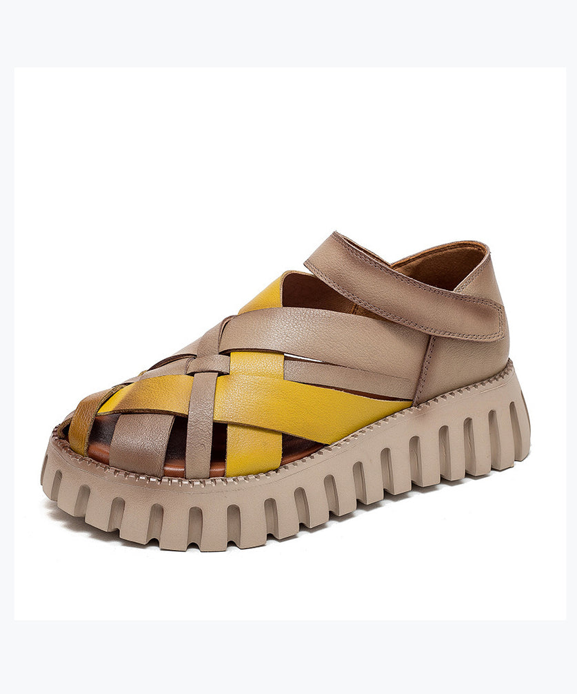 Comfy Hollow Out Splicing Platform Sandals Yellow Cowhide Leather DD1050 Shoe-LX240605