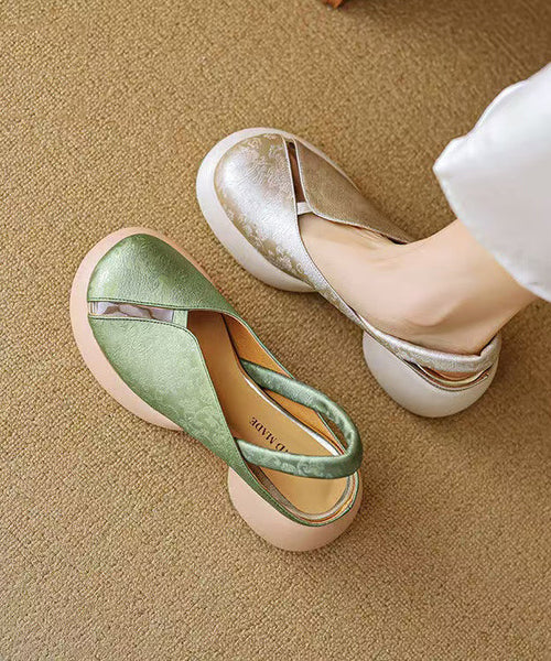 Comfy Hollow Leather Cowhide Chunky Out Splicing Green Sandals FashionChic