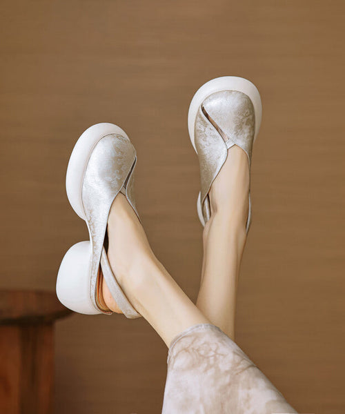 Comfy Hollow Leather Cowhide Chunky Out Splicing Green Sandals FashionChic