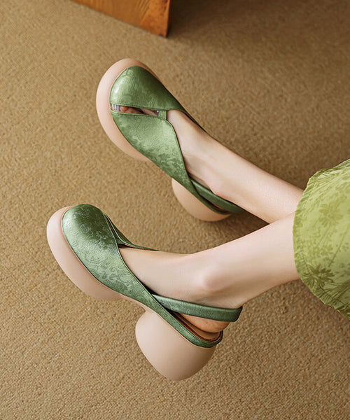 Comfy Hollow Leather Cowhide Chunky Out Splicing Green Sandals FashionChic
