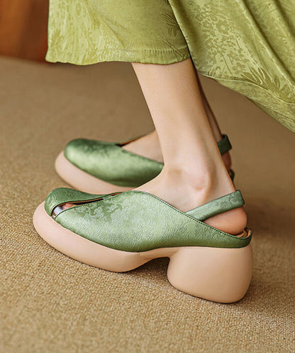 Comfy Hollow Leather Cowhide Chunky Out Splicing Green Sandals FashionChic