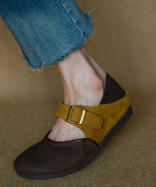 Leather Flat Shoes Colorblock Comfy Splicing Cowhide FashionChic