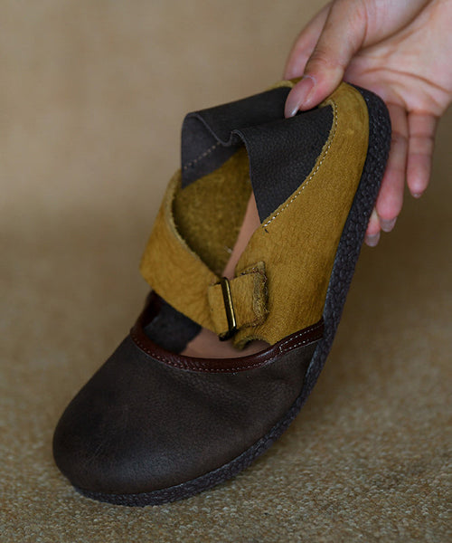 Leather Flat Shoes Colorblock Comfy Splicing Cowhide FashionChic