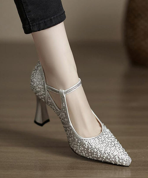 Pointed Silver Leather Toe Splicing Cowhide High Heels Comfy FashionChic