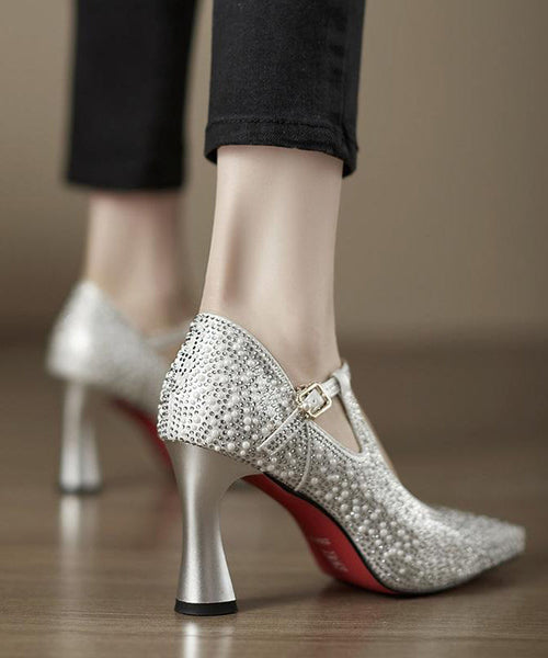 Pointed Silver Leather Toe Splicing Cowhide High Heels Comfy FashionChic