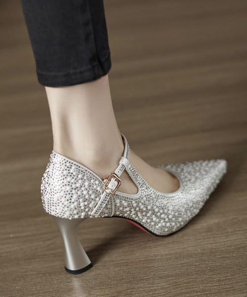 Pointed Silver Leather Toe Splicing Cowhide High Heels Comfy FashionChic