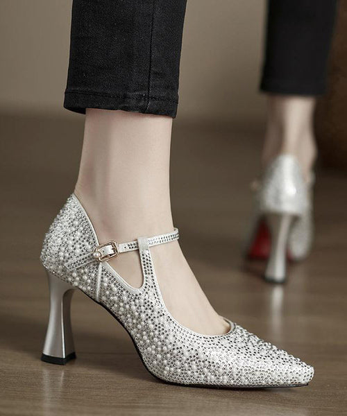 Pointed Silver Leather Toe Splicing Cowhide High Heels Comfy FashionChic