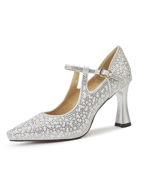 Pointed Silver Leather Toe Splicing Cowhide High Heels Comfy FashionChic