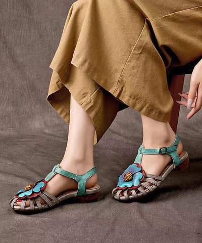 Comfy Splicing Wedge Sandals Grey Cowhide Leather Floral Hollow Out OI024 shoe-LX240801