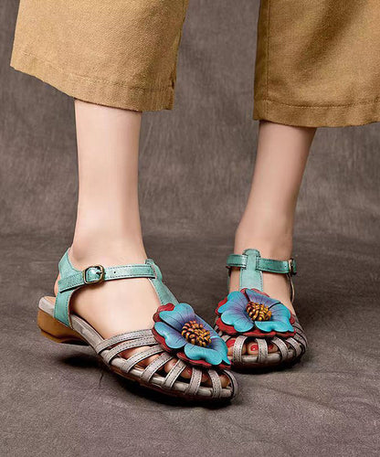 Comfy Splicing Wedge Sandals Grey Cowhide Leather Floral Hollow Out OI024 shoe-LX240801