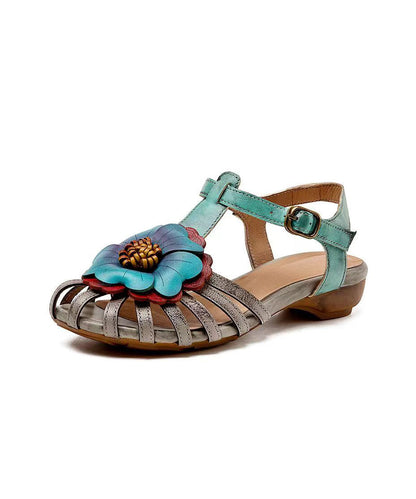 Comfy Splicing Wedge Sandals Grey Cowhide Leather Floral Hollow Out OI024 shoe-LX240801