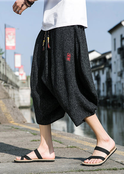 Cool Black Embroideried Pockets Cotton Mens Crop Pants Summer SA045 Men-casual-MENCP240726