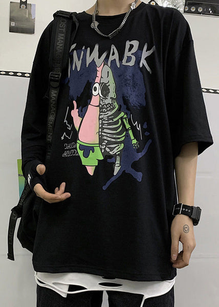 Half Cool Men Black Neck Print Cotton T Cartoon Sleeve Shirts O FashionChic