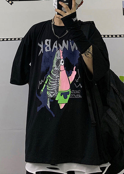 Half Cool Men Black Neck Print Cotton T Cartoon Sleeve Shirts O FashionChic