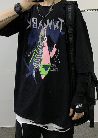 Half Cool Men Black Neck Print Cotton T Cartoon Sleeve Shirts O FashionChic