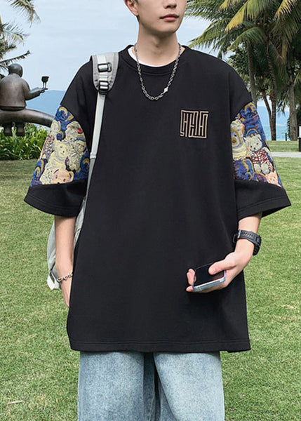 Neck O Shirts Embroideried T Cotton Black Men's Cool Summer FashionChic