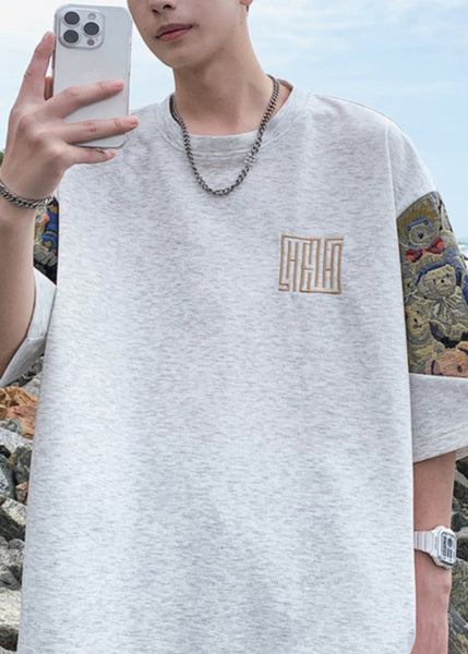 Neck O Shirts Embroideried T Cotton Black Men's Cool Summer FashionChic