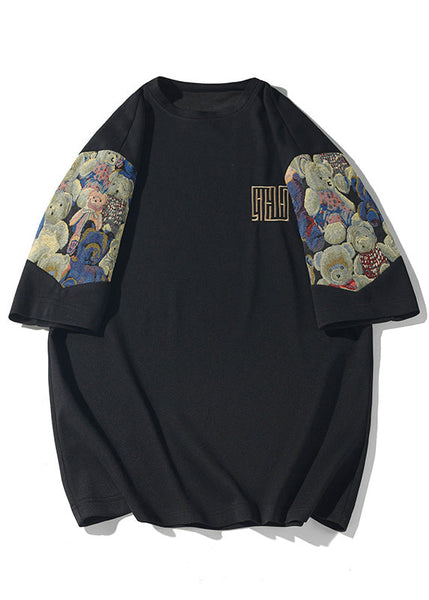 Neck O Shirts Embroideried T Cotton Black Men's Cool Summer FashionChic