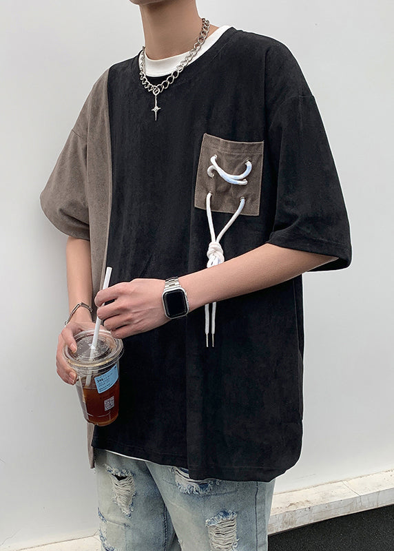 Suede O T Black Men Neck Patchwork Cool Shirts Faux Pockets Half FashionChic
