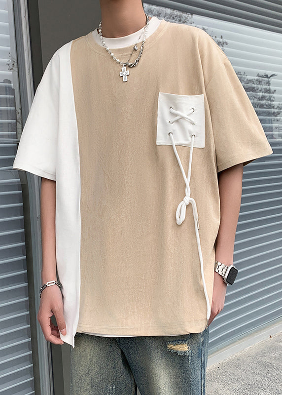 Suede O T Black Men Neck Patchwork Cool Shirts Faux Pockets Half FashionChic