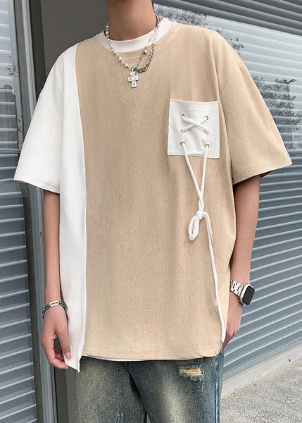 Suede O T Black Men Neck Patchwork Cool Shirts Faux Pockets Half FashionChic