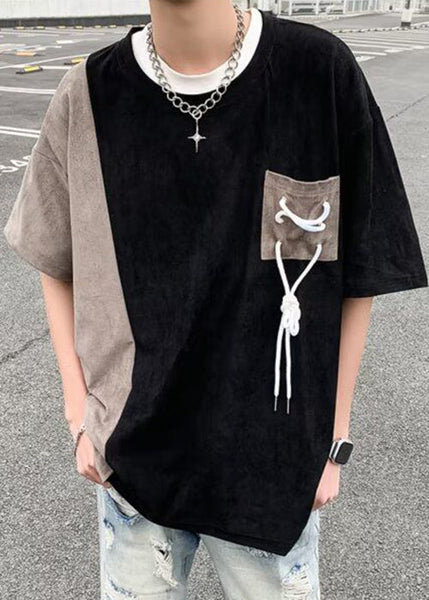 Suede O T Black Men Neck Patchwork Cool Shirts Faux Pockets Half FashionChic