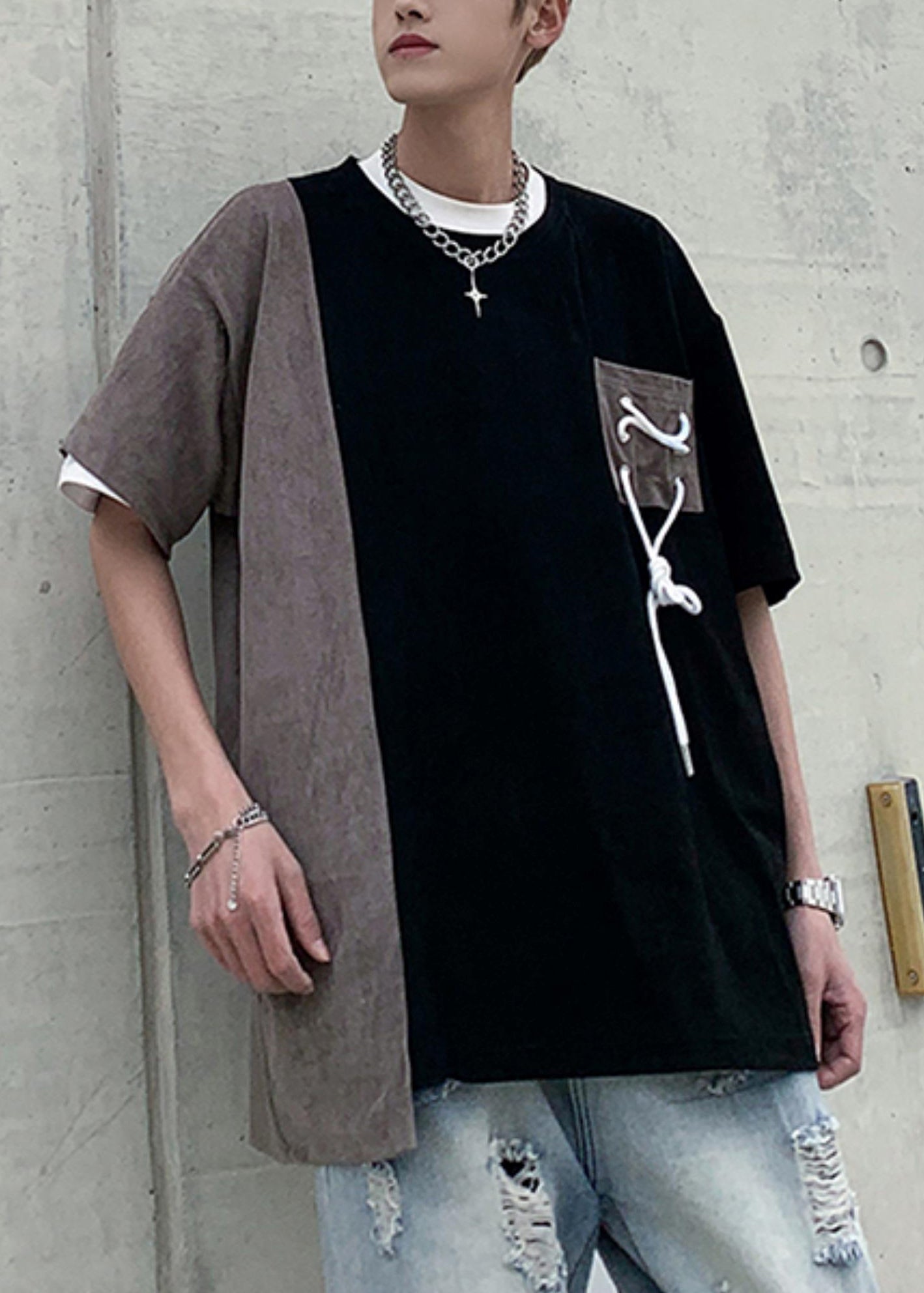 Suede O T Black Men Neck Patchwork Cool Shirts Faux Pockets Half FashionChic