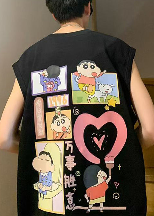 Tanks Men Cool Cotton Neck Black Summer Print Oversized O FashionChic