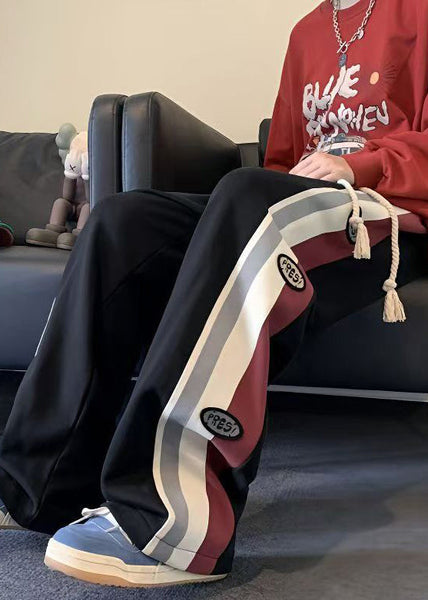 Patchwork Black Cotton Cool Drawstring Striped Spring Mens Pants FashionChic