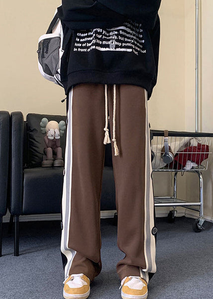 Patchwork Black Cotton Cool Drawstring Striped Spring Mens Pants FashionChic