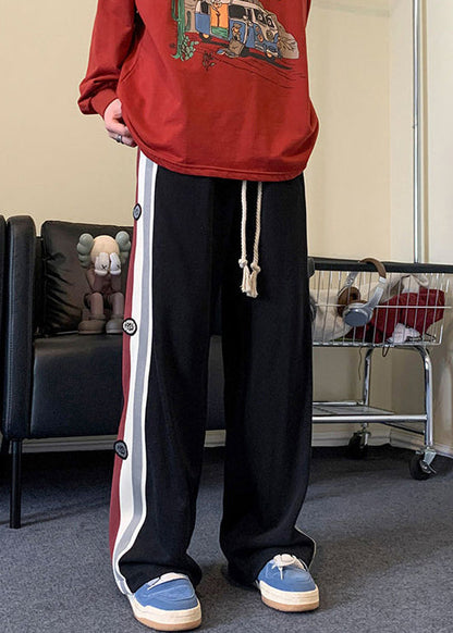 Patchwork Black Cotton Cool Drawstring Striped Spring Mens Pants FashionChic