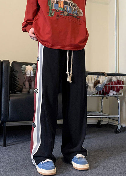 Patchwork Black Cotton Cool Drawstring Striped Spring Mens Pants FashionChic