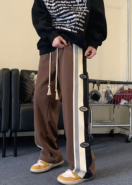 Patchwork Black Cotton Cool Drawstring Striped Spring Mens Pants FashionChic