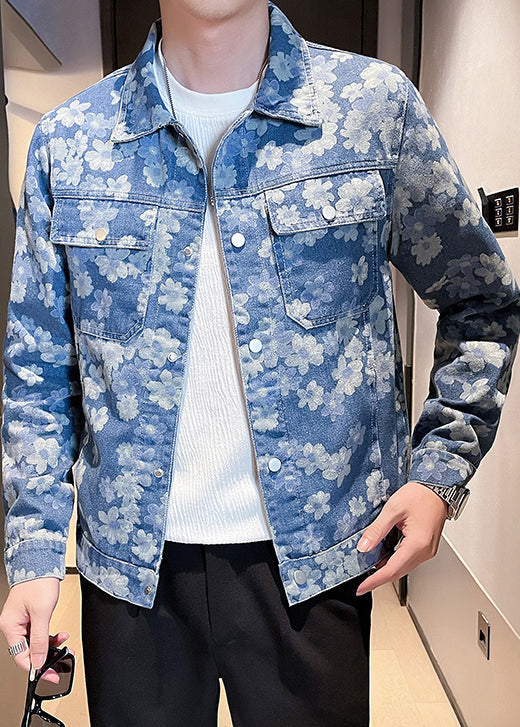 Cool Blue Button Print Pockets Denim Men Coat Fall WA020 MENC241110